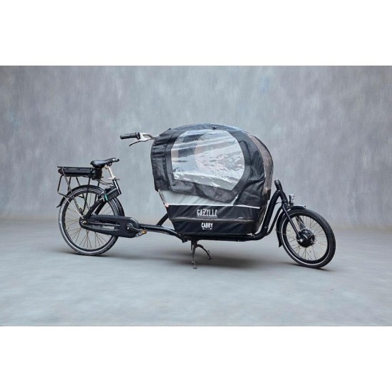 ????Elektrische Gazelle Cabby bakfiets met regentent